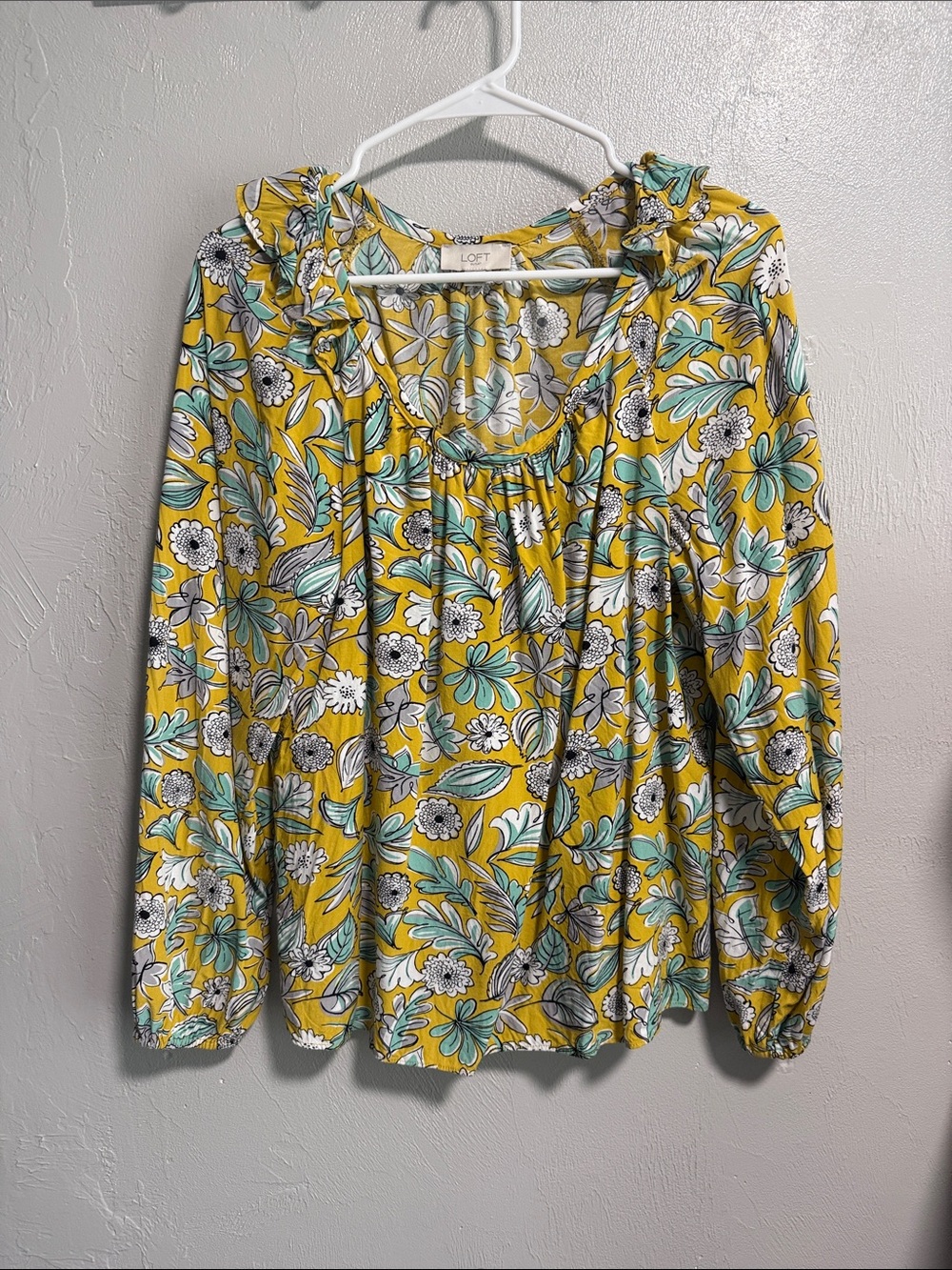 LOFT Yellow Floral Ruffle-Trim Long Sleeve Blouse